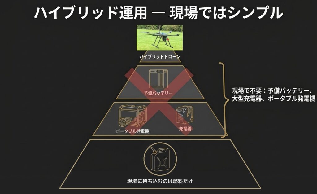 ハイブリッド運用 ― 現場ではシンプル。現場で不要:予備バッテリー、大型充電器、ポータブル発電機。現場に持ち込むのは燃料だけ